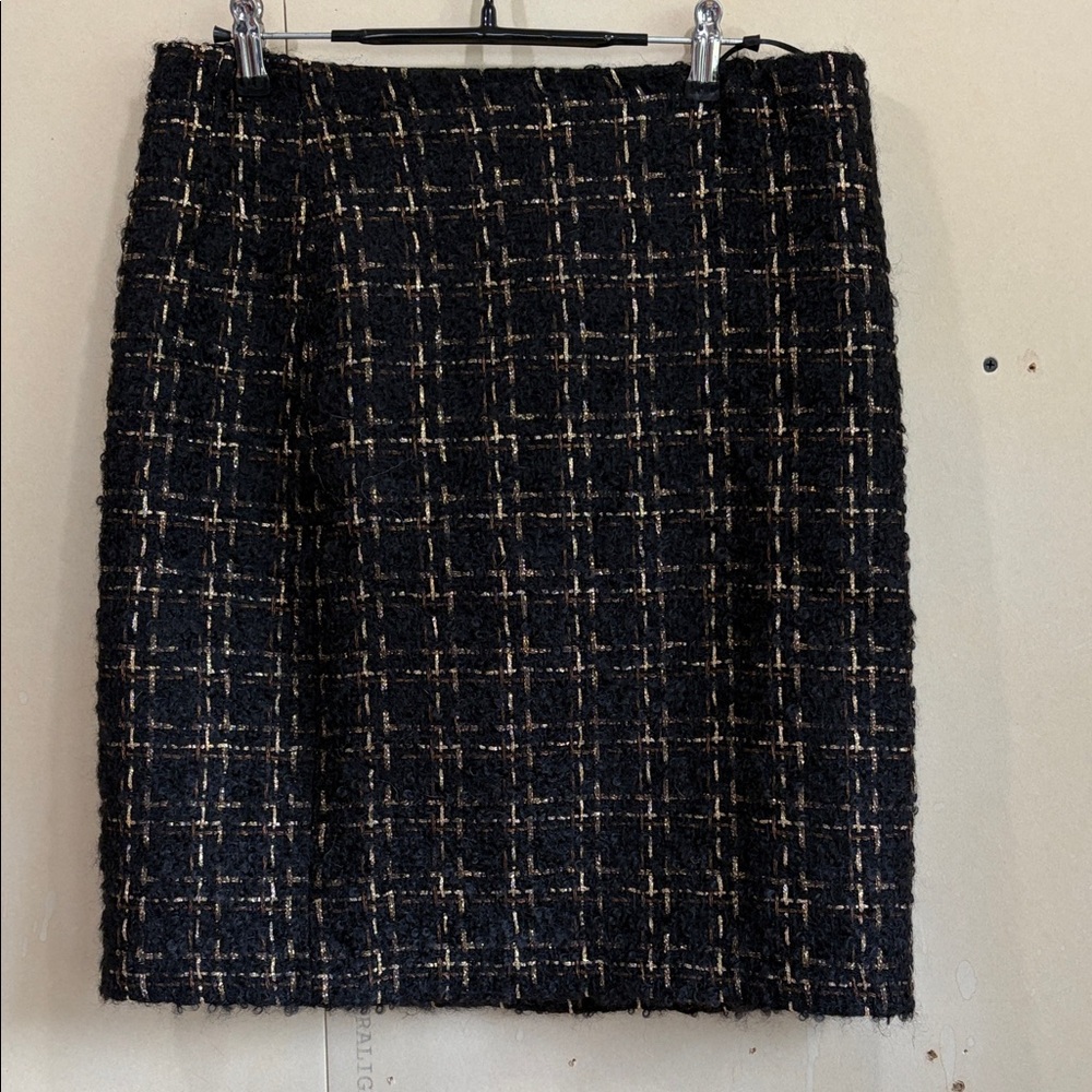 J McLaughlin Elm Pencil Skirt w/ Black, Brown, Gold Metallic Plaid Tweed